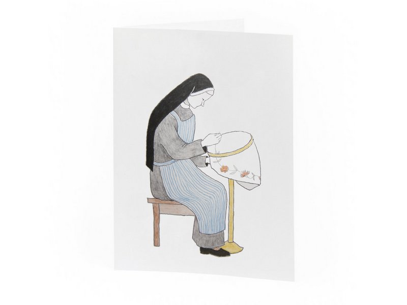 Doppelkarte von Sr. Pia Willi "Stickende Nonne"