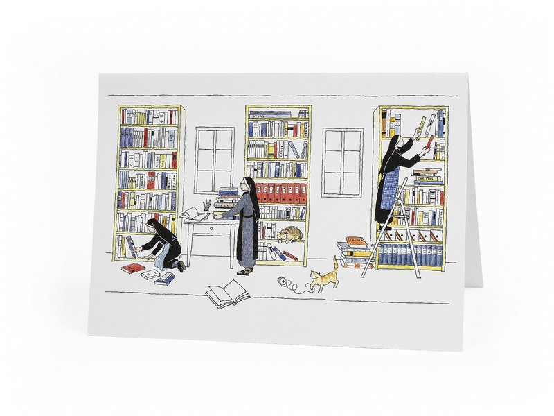 Doppelkarte von Sr. Pia Willi "Bibliothek"